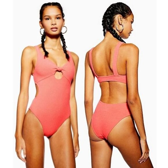 TOPSHOP Knot Front Velour Coral One-Piece Swimsuit - Picture 1 of 6